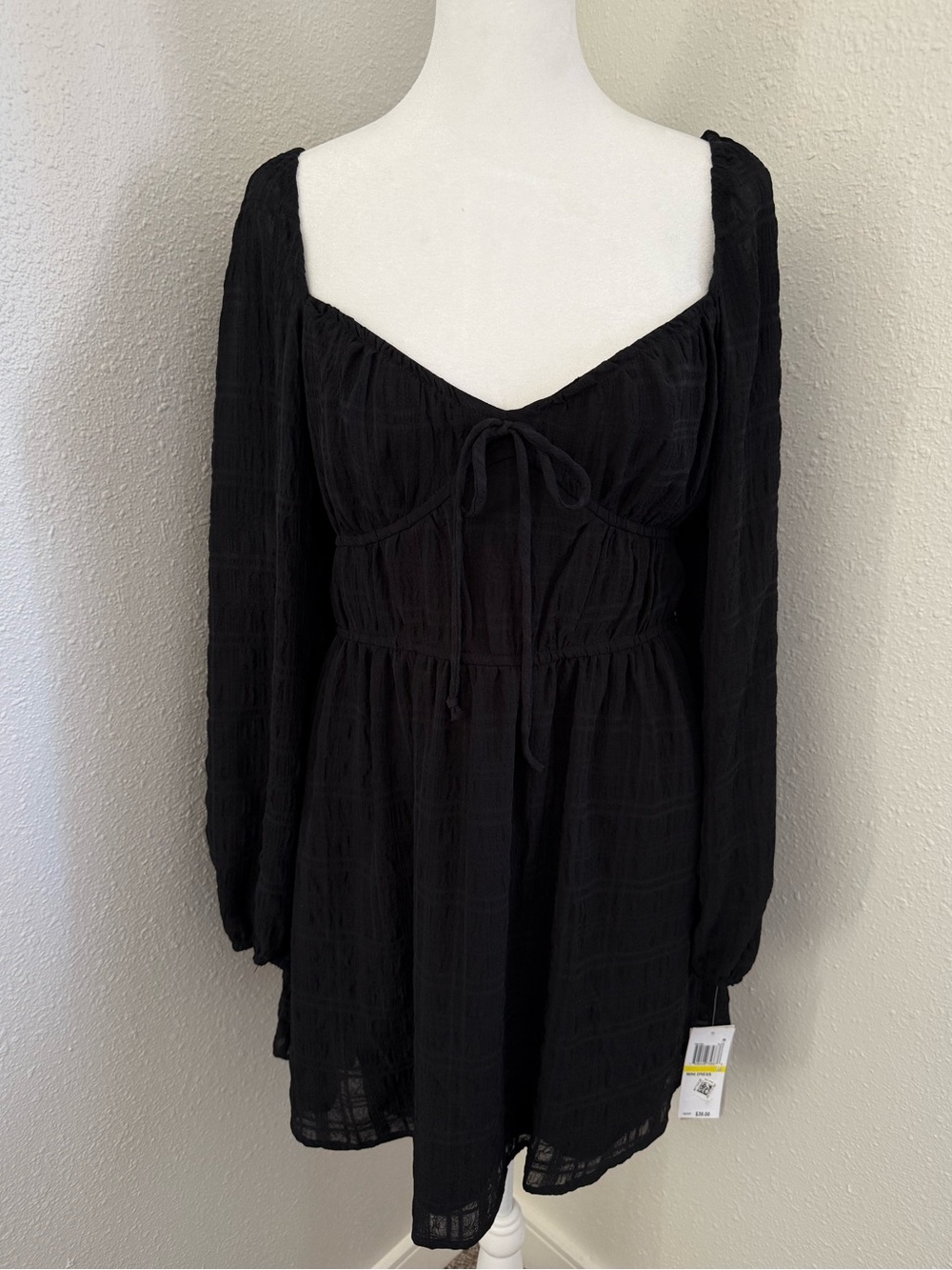 Macy's KingstonGrey Black Smocked Mini Dress Long Sleeve Tie Front Size M NWT